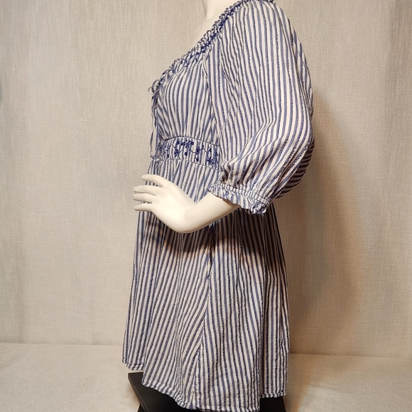 American Eagle Mini Dress Large Peasant Puff Sleeve Blue White Stripe Cinch - Picture 5 of 12